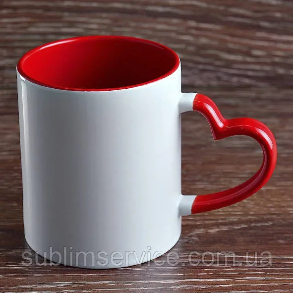Sublimation mug with heart handle. Colored inside/330ml. (Red)
