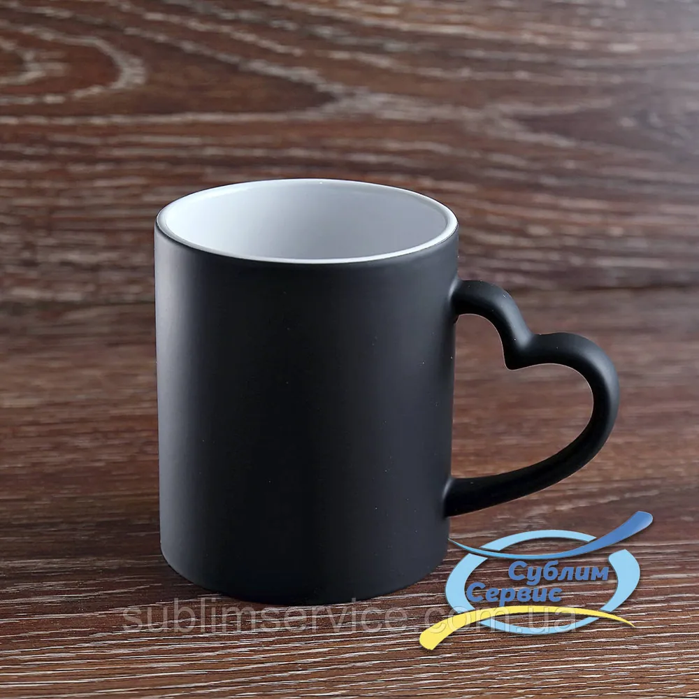 Sublimation color-changing (magic) mug with heart handle, matte/330ml (Black)