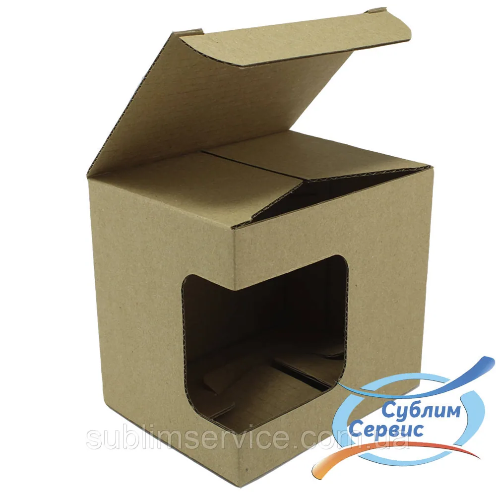 Mug packaging with window 330 ml, brown corrugated cardboard, 115*90*105 mm.