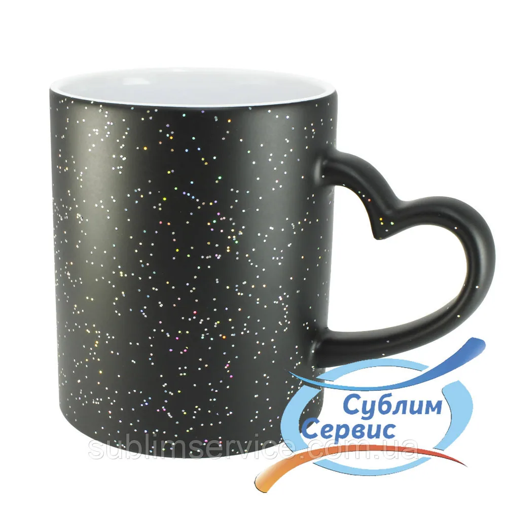 Sublimation color-changing (magic) mug with heart handle, matte with glitter/330 ml. (Black)