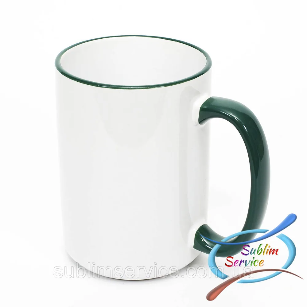 Sublimation mug BIG 425 ml, colored rim and handle. (Green).
